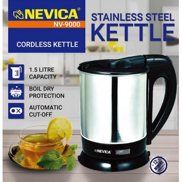NEVICA STAINLESS STEEL CORDLESS KETTLE 1.5L NV-9000 NEVICA STAINLESS STEEL CORDLESS KETTLE 1.5L NV-9000